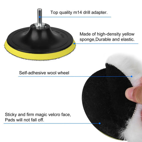 11 Piece 5 Inch Wool Polishing Buffing Pad Kit For Drill Buffer With M14 Adapter showing drill adapter and velcro pad