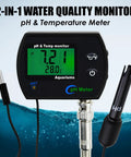 Heavy Duty PH And Temperature Water Quality Tester Meter With Automatic Temperature Compensation and Illuminated Screen displaying pH 7.21.