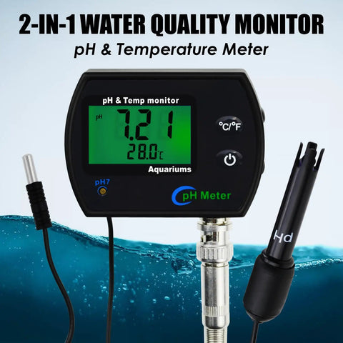 Heavy Duty PH And Temperature Water Quality Tester Meter With Automatic Temperature Compensation and Illuminated Screen displaying pH 7.21.