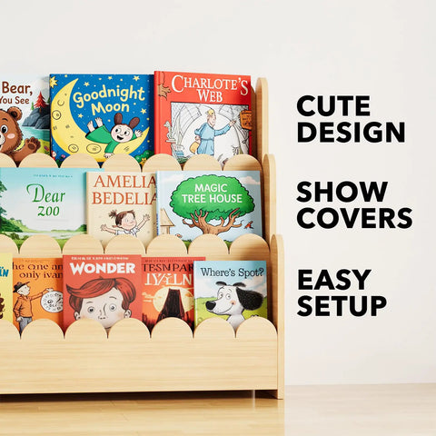 Three Tier Montessori Style Wooden Bookshelf For Toddlers with books, natural finish, 3-tier front-facing design