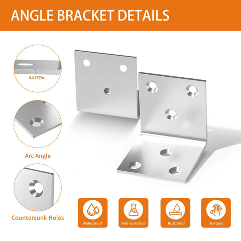 Built Like A Tank 40 Pack Stainless Steel Angle Brackets 2 Inch details showing countersunk holes and arc angles for strong support.