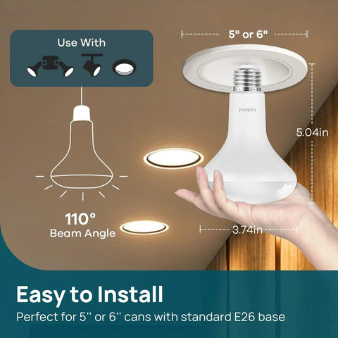 12 Pack Br30 Led Flood Light Bulbs For Indoor Fixtures, 10w Replaces 65w Traditional Lamps with E26 base installation detail.
