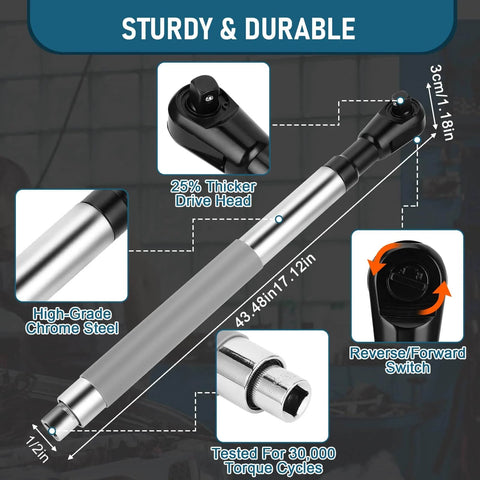One Half Inch Offset Impact Wrench Extension Kit For Tight Spaces, heavy duty steel showing dimensions and features.