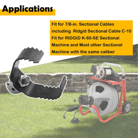 Tough As Nails 3 Inch Sharktooth Root Cutter Head compatible with Ridgid K-60 drain machines, shown with sectional cable.