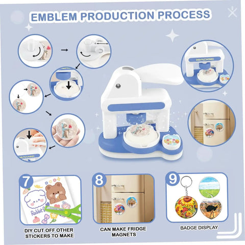Make Awesome Button Maker Machine Kit Creates 55 Mm And 35 Mm Badges With Sturdy Metal Pressing Mechanism Includes Thirty Six Buttons Six Magnets Six Keychains Plus Cutter Scissors Portable Chill DIY Fun For The Squad At Home Or On The Road. blue and white badge press kit making fridge magnets and keychain badges