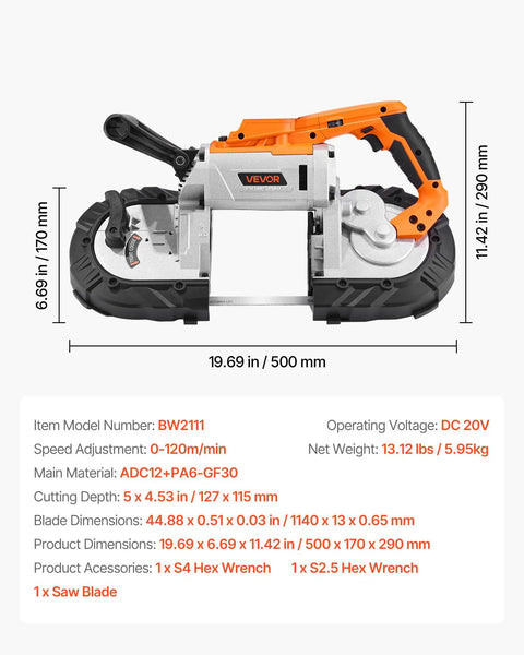 Cordless 20V Portable Band Saw With 5 Inch Deep Cut, Beefy 360W Brushless Motor, Adjustable Speed For Precise Metal And Wood Cutting