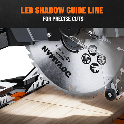 LED shadow guide line on Slick 10 Inch Dual Bevel Sliding Compound Miter Saw for precise cuts and accuracy.
