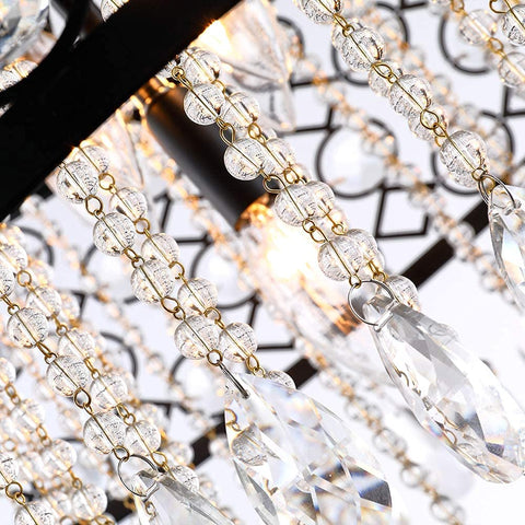 Close-up of Five Light Crystal Drum Chandelier Pendant Light With Round Hanging Fixture, showing clear crystal beads and sleek black frame.