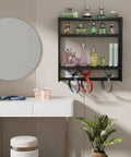 Over The Toilet Towel Rack And Bamboo Floating Shelf Adjustable Height Wall Mounted Dope Space Saving Bathroom Storage For Small Spaces And Kitchens Black Multi Use Organizer For Towels Bottles Toiletries And More shown above a vanity with bottles and towels