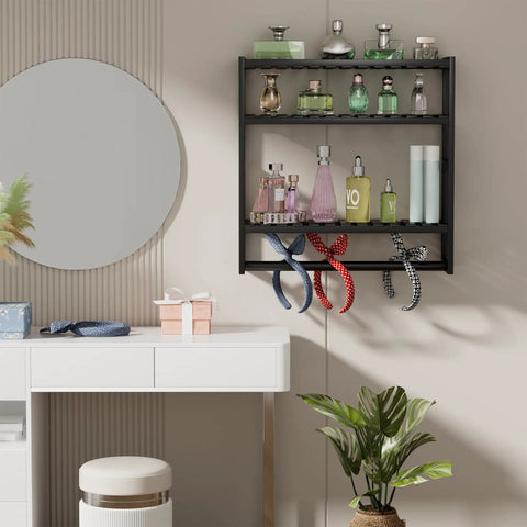 Over The Toilet Towel Rack And Bamboo Floating Shelf Adjustable Height Wall Mounted Dope Space Saving Bathroom Storage For Small Spaces And Kitchens Black Multi Use Organizer For Towels Bottles Toiletries And More shown above a vanity with bottles and towels