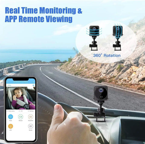 Ultra Mini 4K Wireless Nanny Camera With Crazy Long Battery Life Real Time Remote View Phone App Control Night Vision Motion Sensor Security Surveillance For Car Or Home shown in use inside a car for monitoring.