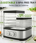 No Sweat Food Dehydrator Featuring Five Bpa Free Trays And Adjustable Temperature Control, measuring 11 in by 10.2 in on a countertop.