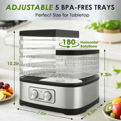 No Sweat Food Dehydrator Featuring Five Bpa Free Trays And Adjustable Temperature Control, measuring 11 in by 10.2 in on a countertop.