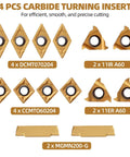Indexable Lathe Turning Tool Set with fourteen carbide inserts for turning, grooving, boring, and threading, labeled parts.