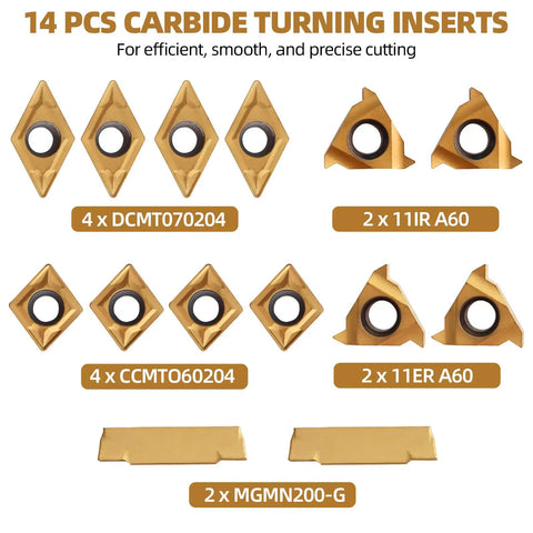 Indexable Lathe Turning Tool Set with fourteen carbide inserts for turning, grooving, boring, and threading, labeled parts.