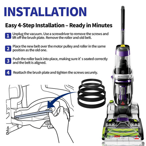 Replacement Belt Set For ProHeat 2X Revolution Pet Pro Carpet Cleaner 4Pack installation guide with diagram and belts