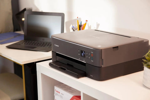 All In One Wireless Inkjet Printer Print Copy Scan With Alexa 1.44 Inch Oled Display on desk beside laptop.