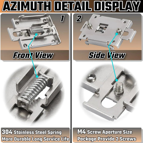 Front and side view of 35mm DIN Rail Mount Kit with clamp and screws, stainless steel spring, used for solid state relays.