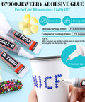 B7000 jewelry glue with rhinestones applied on a cup, precision tip shown, drying and curing instructions visible