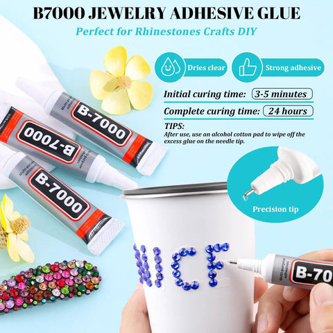 B7000 jewelry glue with rhinestones applied on a cup, precision tip shown, drying and curing instructions visible