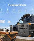 Rock Solid Portable Power Station E3800 LiFePO4 Battery Backup 3840Wh 4200W near RV with camera and camping gear.