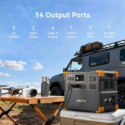 Rock Solid Portable Power Station E3800 LiFePO4 Battery Backup 3840Wh 4200W near RV with camera and camping gear.
