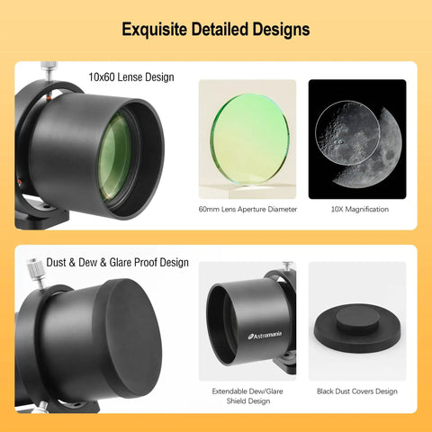 10x60 Finder Scope and 45 Degree Guide Scope With Illuminated Reticle Eyepiece For Astro Photography And Travel lens design and features