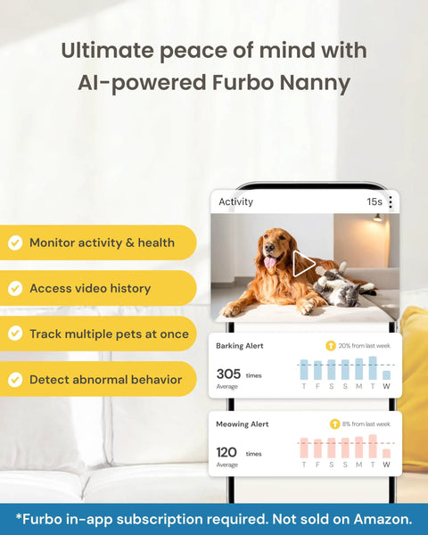 Dog in video feed on Mini 360 Degree Pet Camera With 2K QHD Live Video Feed Rotating Treat Toss Two Way Audio Real Time Bark Meow Alerts AI Nanny Safety Features Subscription Required For Premium Pet Monitoring And Peace Of Mind