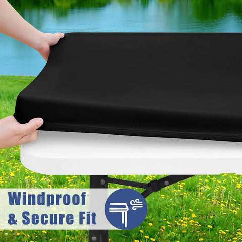 Elastic Fitted 6 Foot Rectangle Tablecloth 2 Pack No Slip Wraparound Edges For Outdoor Parties And Picnics Stretch Washable Polyester Spandex Cover In Black 30x72 Inches installed on a table