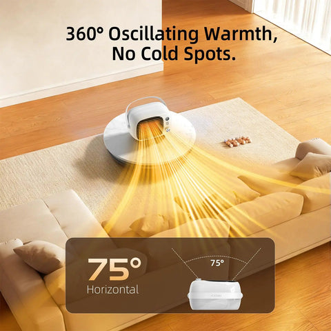 Two Speed Portable Space Heater With Adjustable Settings, 800W Desk Heater For Indoor Use, 360° oscillating heat on floor.
