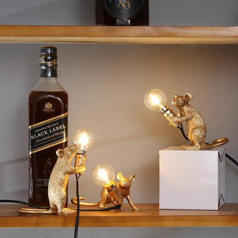 Three Style Resin Mouse Desk Lamp With LED Glow Featuring Running Sitting And Standing Cute Mouse Figures In Gold Finish