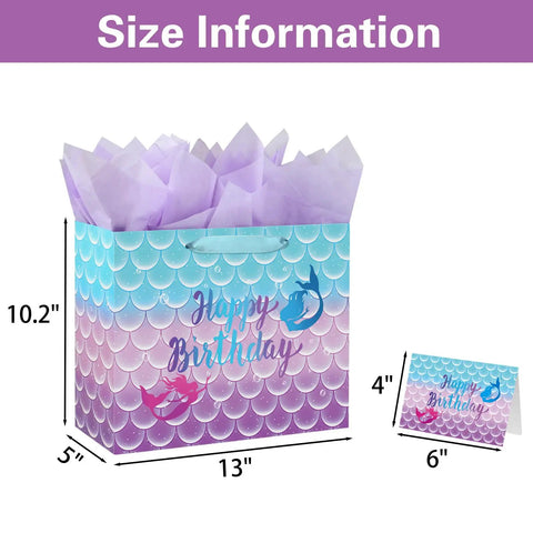 Mermaid Themed Birthday Gift Bag Set For Kids With Tissue Paper And Greeting Card 13 Inch Large Gift Bag With Handle For Girls Birthday Party Totally Easy Present Wrapping And Party Supplies