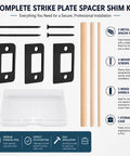 Universal Door Strike Shim Kit with black stainless steel spacer plates, wood dowels, screws, and storage case.