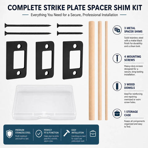 Universal Door Strike Shim Kit with black stainless steel spacer plates, wood dowels, screws, and storage case.