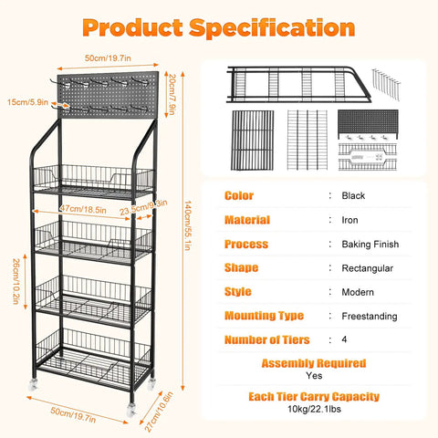 Four Tier Metal Wire Display Rack And Snack Candy Organizer With Ten Hooks Smooth Rolling Wheels And Rock Solid Design For Top Shelf Retail Setup And Hassle Free Sorting In Black