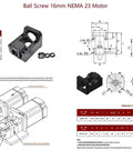 Diagram and details of Nema 23 Stepper Motor Mount Bracket With BK12 Fixed End Bearing Supports for 16mm Ball Screw Kit and measurements