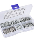 Open plastic case with 700 Piece Galvanized Toothed Washer Set including flat and lock washers M3 to M8 for DIY projects.