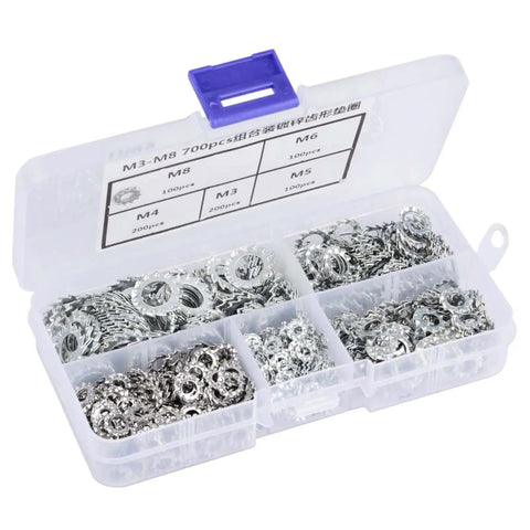 Open plastic case with 700 Piece Galvanized Toothed Washer Set including flat and lock washers M3 to M8 for DIY projects.
