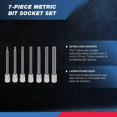Three Eighths Inch Drive Extra Long Allen Hex Bit Socket Set For Metric Bolts From Three Millimeter To Ten Millimeter, S2 Steel Bits And Chrome Vanadium Sockets, Seven Piece Master Set For Hard To Reach Fasteners