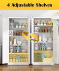 White Metal Pantry Cabinet 71 Inch Tall Kitchen Storage Organizer With Doors And Four Adjustable Shelves Two Gold Handles, kitchen view