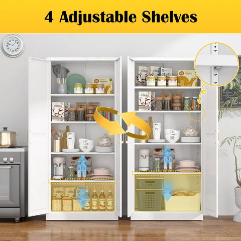 White Metal Pantry Cabinet 71 Inch Tall Kitchen Storage Organizer With Doors And Four Adjustable Shelves Two Gold Handles, kitchen view