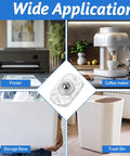 8 Pcs Tiny Self Adhesive Caster Wheels Set With 360 Degree Swivel For Tight Spaces No Drill Needed Heavy Duty ABS And Stainless Steel Construction Easy Glide For Trash Cans Bins Storage Boxes Furniture And Kitchen Appliances, shown with printer, coffee maker, storage box, and trash bin.