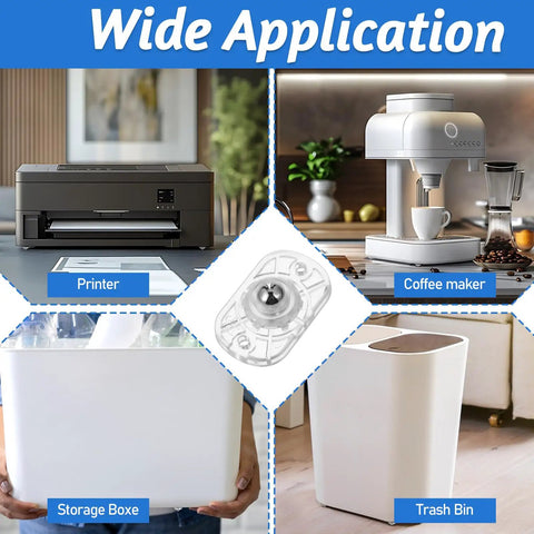 8 Pcs Tiny Self Adhesive Caster Wheels Set With 360 Degree Swivel For Tight Spaces No Drill Needed Heavy Duty ABS And Stainless Steel Construction Easy Glide For Trash Cans Bins Storage Boxes Furniture And Kitchen Appliances, shown with printer, coffee maker, storage box, and trash bin.