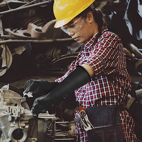 Kick Some Serious Grime With These Xl 14 Inch Latex Chemical Resistant Gloves Heavy Duty Rubber Kitchen Gear in use during mechanical work.