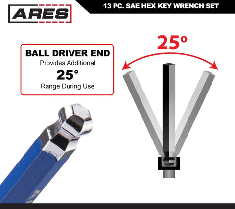 Metric Long Arm Ball End Hex Key Set With Chrome Finish And Bright Blue Anti-Slip Coating angle range display