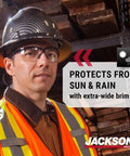 Man wearing Blockhead Fiberglass Hard Hat With Full Brim For Construction Sun And Rain Protection, carbon fiber pattern