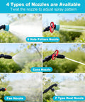 Electric Sprayer Wand with 4 nozzle types in use: 6 Hole Pattern, Cone, Fan, F Type Dual, for adjustable spray pattern.