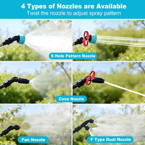 Electric Sprayer Wand with 4 nozzle types in use: 6 Hole Pattern, Cone, Fan, F Type Dual, for adjustable spray pattern.