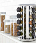 20 Jar Revolving Countertop Spice Rack With Pre Filled Glass Jars And Removable Sifter And Labeled Black Caps And Free Spice Refills