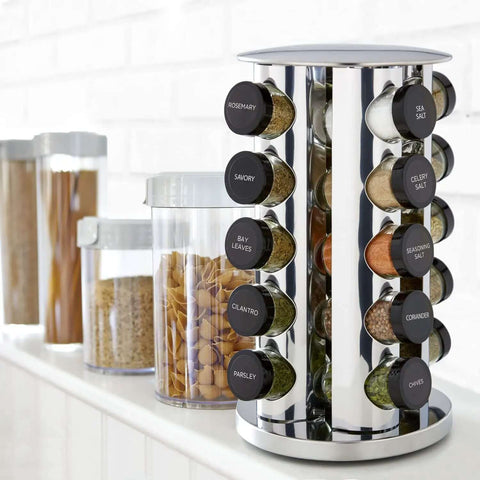 20 Jar Revolving Countertop Spice Rack With Pre Filled Glass Jars And Removable Sifter And Labeled Black Caps And Free Spice Refills